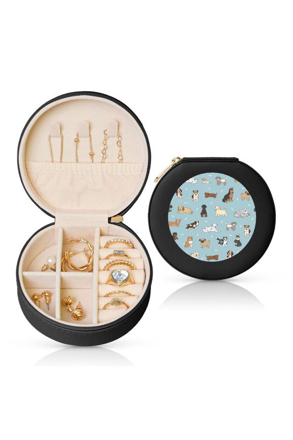 Dog Pets Round Jewelry Box, Travel Jewelry Organizer, 3.9 x 3.9 x 2in Jewelry Storage Box for Women-Black