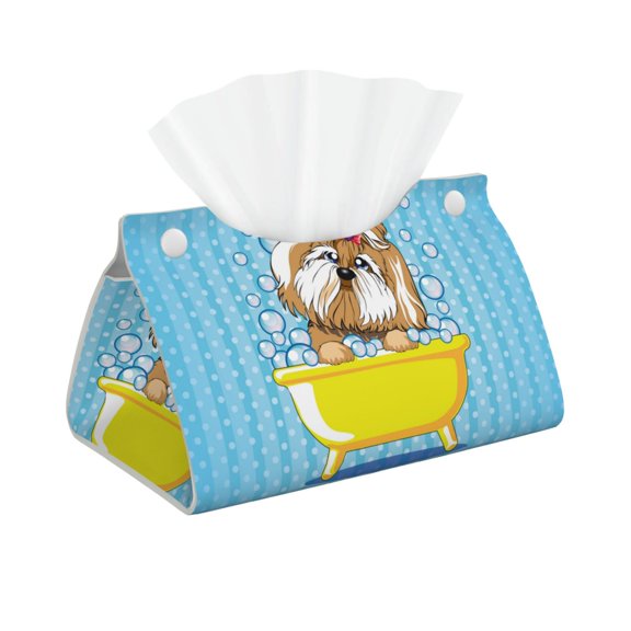 Naloa Dog Takes a Bath in the Bathtub Print Leather Tissue Box Cover Rectangle | Long Tissue Box Cover | Tissue Box Holder | Tissue Holder for Bathroom