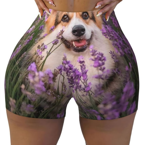 Naloa Dog in Lavender Flowers Biker Shorts for Women Seamless Scrunch Short Women’s Yoga Shorts for Gym Running Sport Shorts - Medium