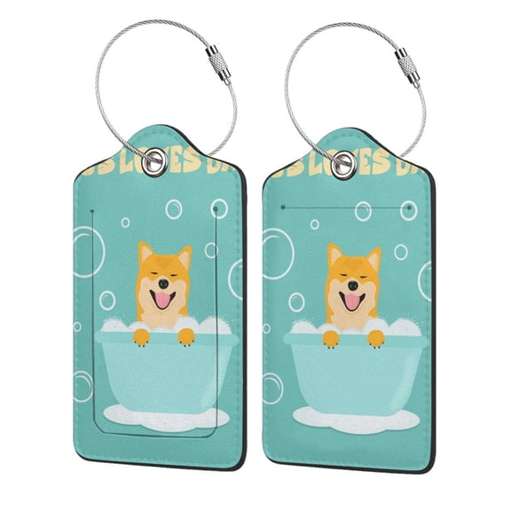 Naloa Dogs Loves Bath Luggage Tag for Suitcase Leather Baggage Tag with Stainless Steel Loop Privacy Cover for Women Men Girls-2 PCS