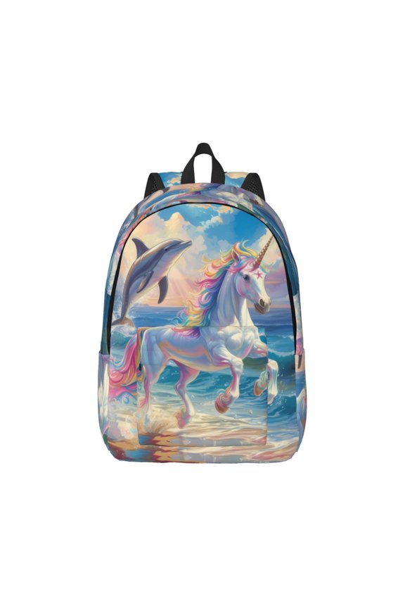 Dolphin Rainbow Horse Canvas Backpack for Men Women Rucksack Casual Travel Daypack College Tote Satchel Bookbag for Teens-Small