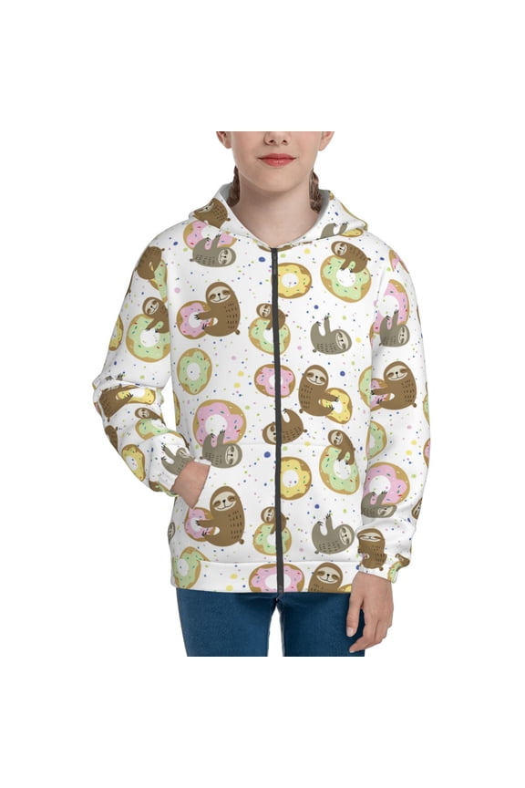 Donut Sloth Teenage Zipper Hoodie, Long Sleeve Zip Up Hoodies Casual Jackets Tops for 7-12 Years-Medium