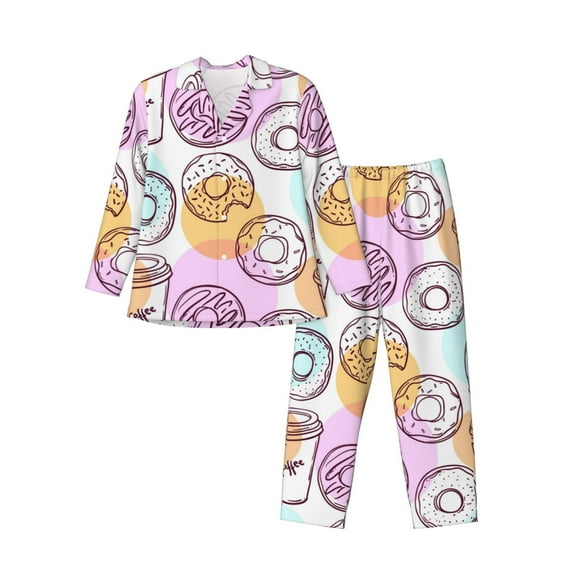 Naloa Donuts and Coffee Men’s Pajamas Set - Long Sleeve Button Down Sleep Shirt and Pajama Bottoms Sleepwear Set-Medium