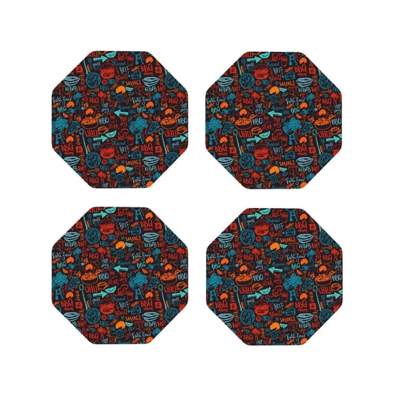 Naloa Doodle Barbeque Leather Coasters for Drinks, Durable Drink Coasters 4 Set for Tabletop Protection, Luxurious Home Décor and Housewarming Gift ( {designName})Octagon
