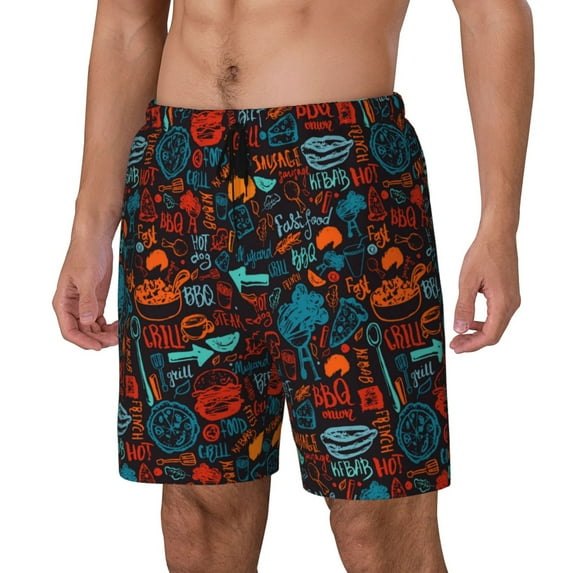 Naloa Doodle Barbeque Print Men Swim Trunks with Compression Liner ,Board Shorts,Men's Swim Shorts with Drawstring and Elastic Waistband-XX-Large