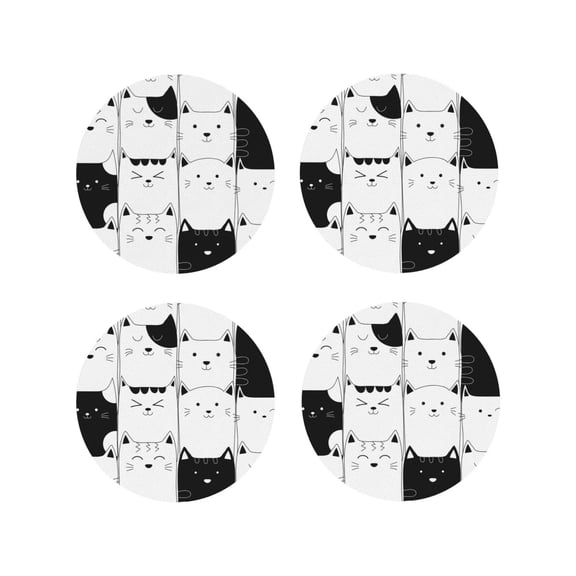 Naloa Doodle Cute Cat Leather Coasters for Drinks, Durable Drink Coasters 4 Set for Tabletop Protection, Luxurious Home Décor and Housewarming Gift ( {designName})Round Shape