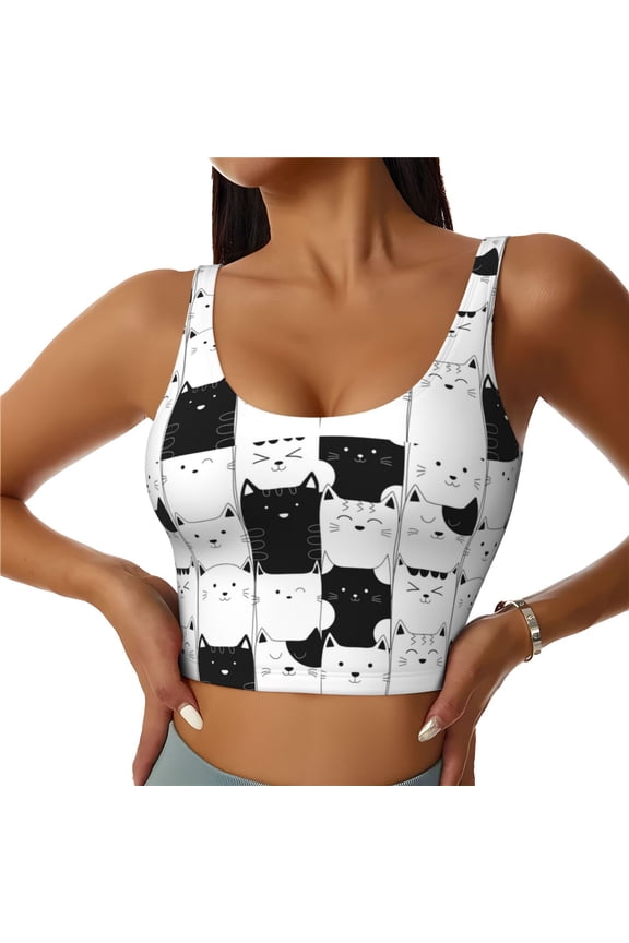 Doodle Cute Cat Sports Bras for Women, High Support Bra with Removable Pads, Comfortable - Small