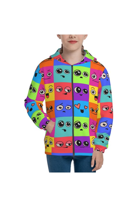 Doodle Faces Emotions Teenage Zipper Hoodie, Long Sleeve Zip Up Hoodies Casual Jackets Tops for 7-12 Years-Small