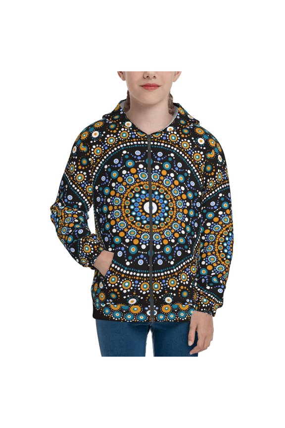 Dot Mandala Teenage Zipper Hoodie, Long Sleeve Zip Up Hoodies Casual Jackets Tops for 7-12 Years-Medium