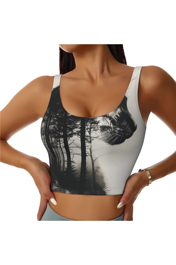 Double Exposure Cat Forest Sports Bras for Women,Sports Bras for Women High Support with Removable Pads-X-Large