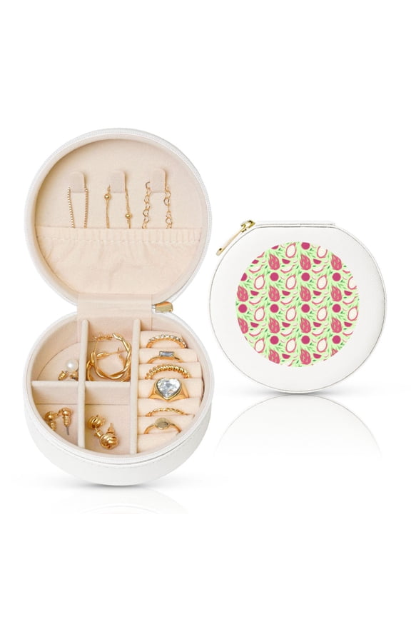 Dragon Fruit 1 Round Jewelry Box, Travel Jewelry Organizer, 3.9 x 3.9 x 2in Jewelry Storage Box for Women-White
