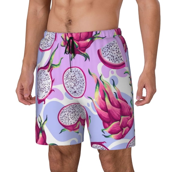 Naloa Dragon Fruit Print Men Swim Trunks with Compression Liner ,Board Shorts,Men's Swim Shorts with Drawstring and Elastic Waistband-