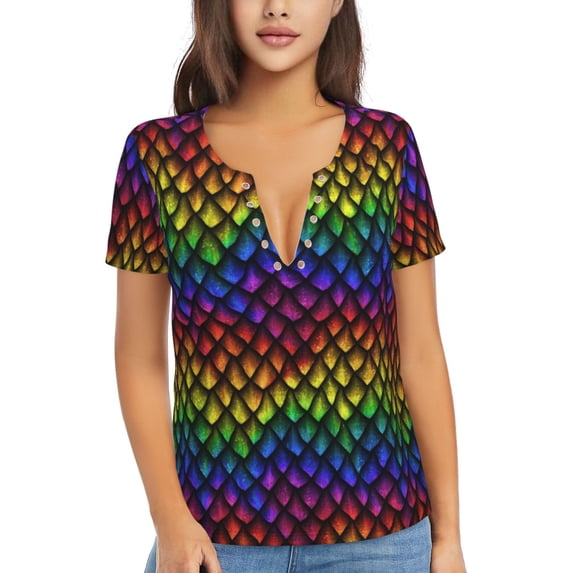 Naloa Dragon Scales Print T-Shirts Short Sleeve V Neck Tees for Women Fashion Tops Trendy Lightweight Soft Casual Summer Outfits Clothes