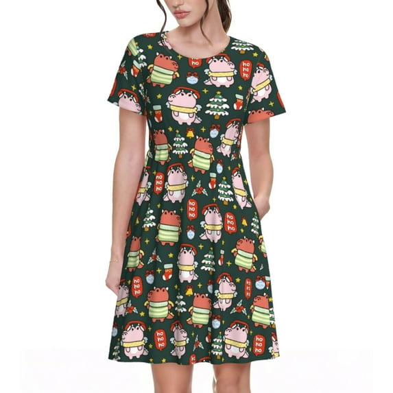 Naloa Dragon With Hohoho Print Womens Summer A-Line Dress with Pockets,Short Sleeve Dresses,Flowy Beach Swing Dress for Vacation Travel