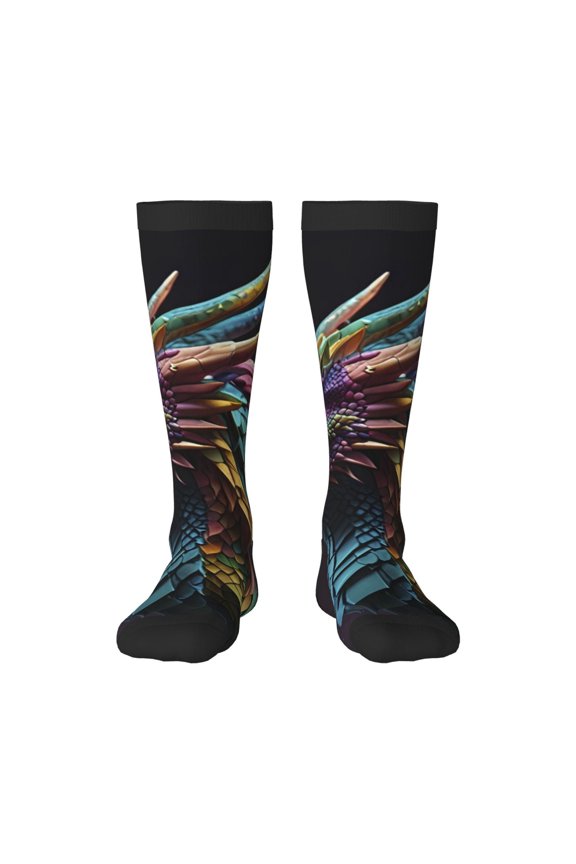Dragon with Colorful Tail Knee Socks, High Socks Long Stretchy Sock Women Knee High Stocking, Long Socks for Women