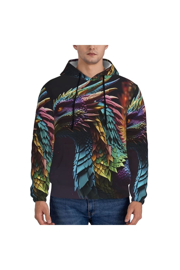 Dragon with Colorful Tail Men's Casual Hooded Collar Drawstring Hoodies Pullover Sweatshirts Casual Long Sleeve Shirts-Medium