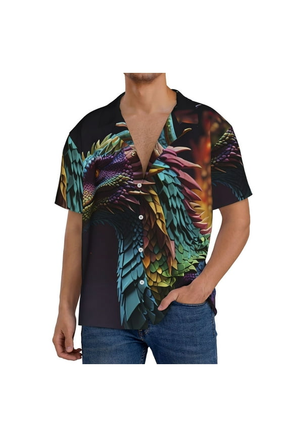 Dragon with Colorful Tail Men's Loose Fit Cuban Collar Short-Sleeve Shirt, Hawaiian Shirts, Mens Shirts Casual for Everyday Wear Outings-Large