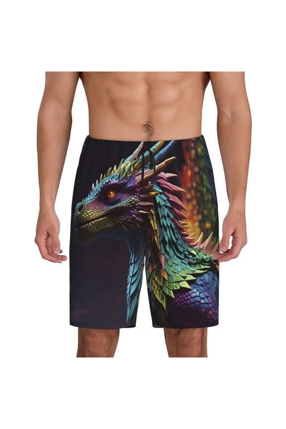 Dragon with Colorful Tail Men's Short Pajama Pants, Pj Shorts, Lounge Comfort Shorts-Large