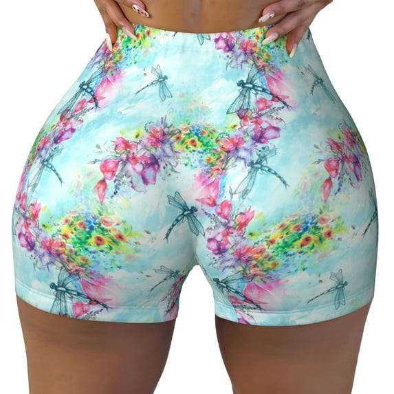 Naloa Dragonfly Floral Biker Shorts for Women Seamless Scrunch Short Women’s Yoga Shorts for Gym Running Sport Shorts - X-Large