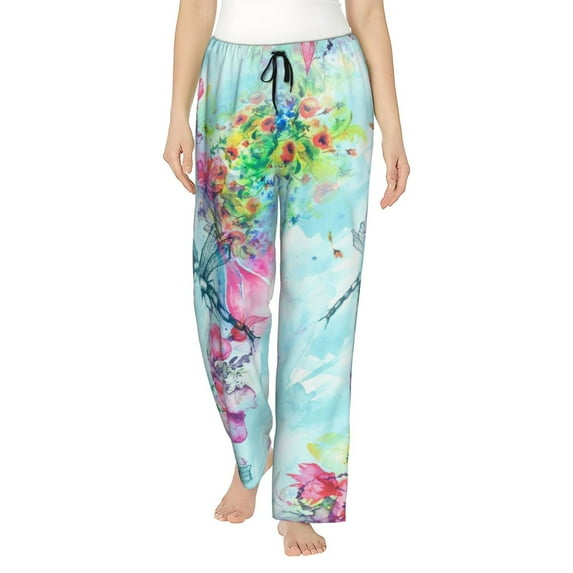 Naloa Dragonfly Floral Print Women’s Ultra-Soft Comfy Pajama Lounge Pants with Pockets & Drawstring