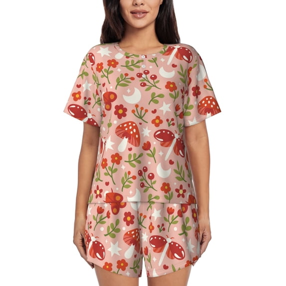Naloa Dragonfly Mushroom Women's Short-Sleeved Pajama Set, Loungewear, Summer pajamas, Breathable Cozy - 3X-Large