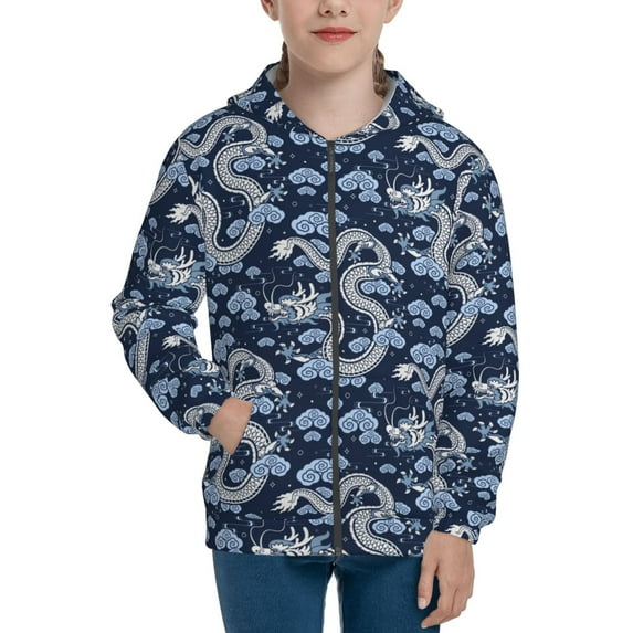 Naloa Dragons Teenage Zipper Hoodie, Long Sleeve Zip Up Hoodies Casual Jackets Tops for 7-12 Years-Medium