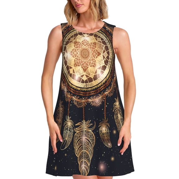 Naloa Dreamcatcher With Mandala Print Women's Summer Spring Casual Beach Sundress,Vacation Sleeveless Tank Crewneck Loose Dresses