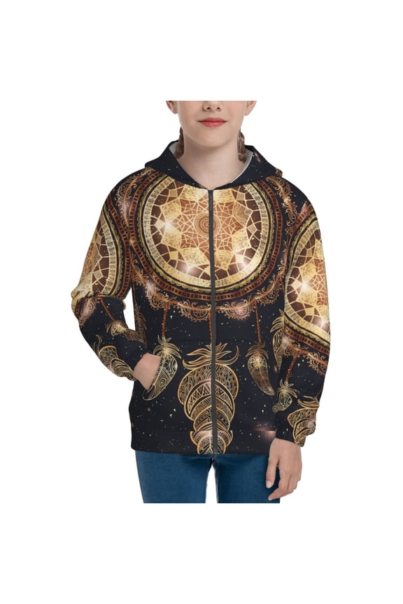 Dreamcatcher With Mandala Teenage Zipper Hoodie, Long Sleeve Zip Up Hoodies Casual Jackets Tops for 7-12 Years-