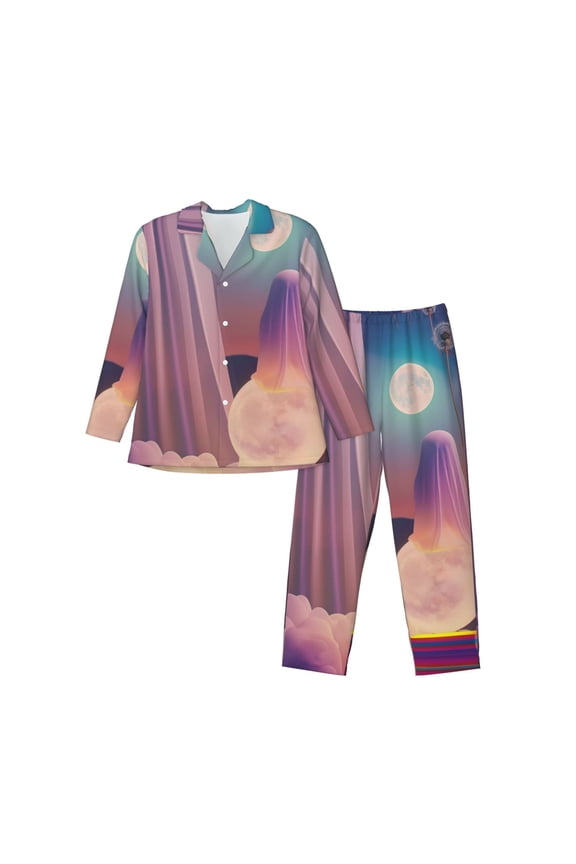 Dreamy Moonlit Window Men’s Pajamas Set - Long Sleeve Button Down Sleep Shirt and Pajama Bottoms Sleepwear Set-Small