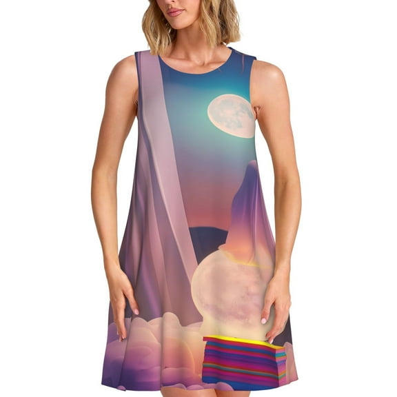 Naloa Dreamy Moonlit Window Print Women's Summer Spring Casual Beach Sundress,Vacation Sleeveless Tank Crewneck Loose Dresses