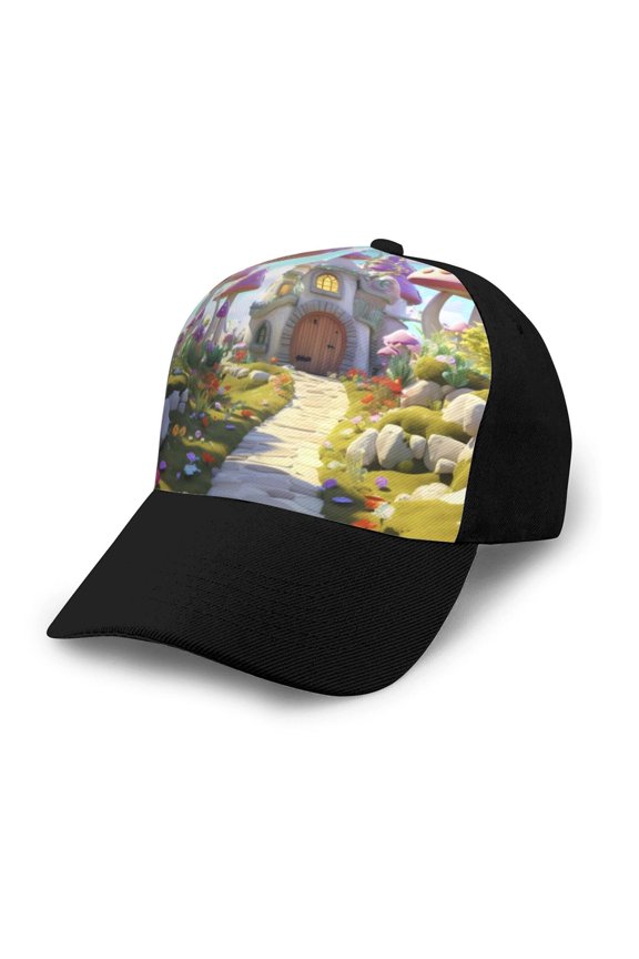 Dreamy Mushroom House Adult adjustable Print Baseball Hat, Patchwork curved brim baseball capfor Men and Women, One Size