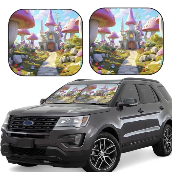 Naloa Dreamy Mushroom House Print 2-Piece Windshield Sunshade,Foldable Car Front Window Sun Shades,for Most Sedans SUV Truck-Large