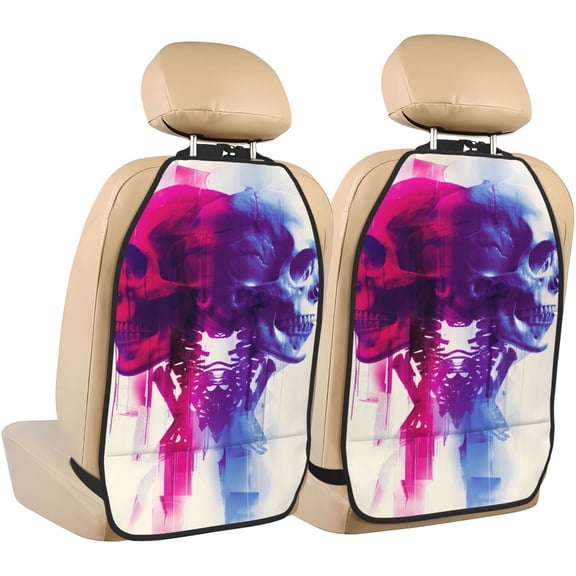 Naloa Dual Skulls Colorful Fusion 2Pcs Anti-Kick Back Seat Cover Kick Mat, Car Seat Protector with 3 Storage Pockets