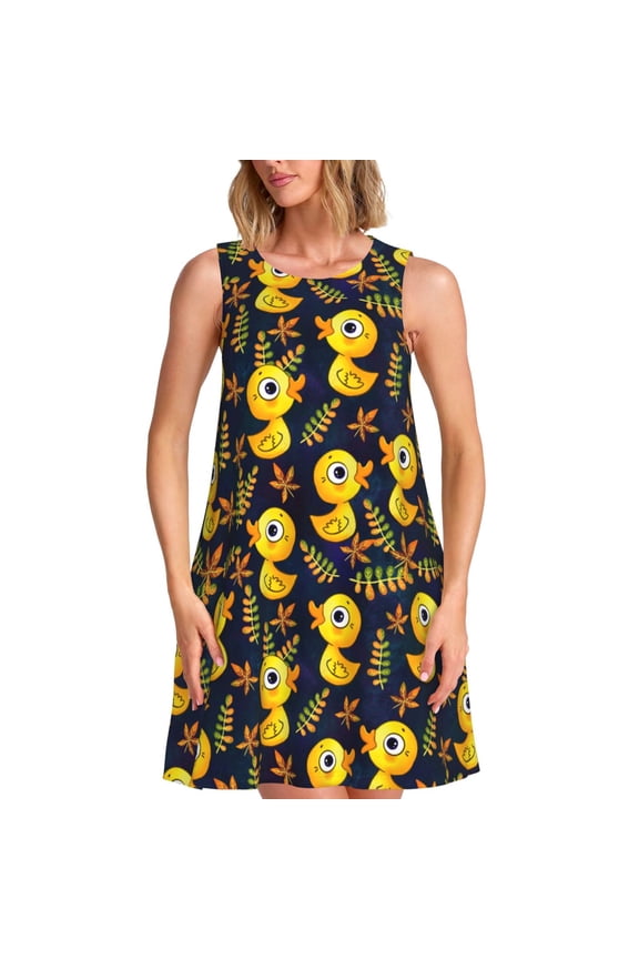 Ducks Print Women's Summer Spring Casual Beach Sundress,Vacation Sleeveless Tank Crewneck Loose Dresses