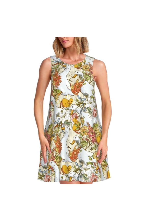 Ducks and Flowers Print Women's Summer Spring Casual Beach Sundress,Vacation Sleeveless Tank Crewneck Loose Dresses
