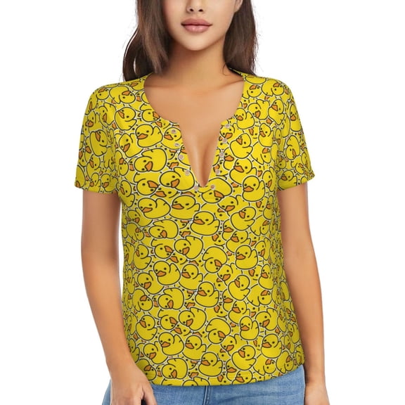 Naloa Ducky Cartoon Animal Yellow Print T-Shirts Short Sleeve V Neck Tees for Women Fashion Tops Trendy Lightweight Soft Casual Summer Outfits Clothes