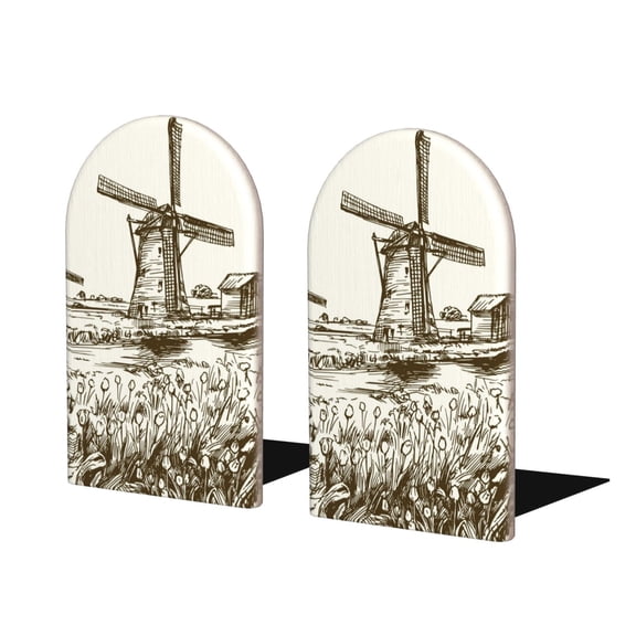 Naloa Dutch Windmill Wood Non-Skid Bookend for Shelves,Book Ends for Heavy Books, Book Stand for CDs,1 Pair
