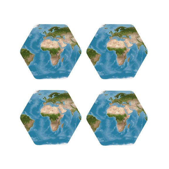 Naloa Earth View World Map Leather Coasters for Drinks, Durable Drink Coasters 4 Set for Tabletop Protection, Luxurious Home Décor and Housewarming Gift ( {designName})Hexagon