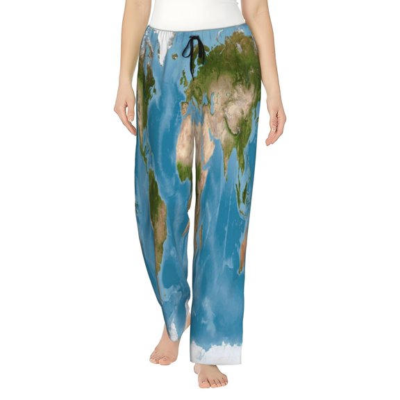 Naloa Earth View World Map Print Women’s Ultra-Soft Comfy Pajama Lounge Pants with Pockets & Drawstring