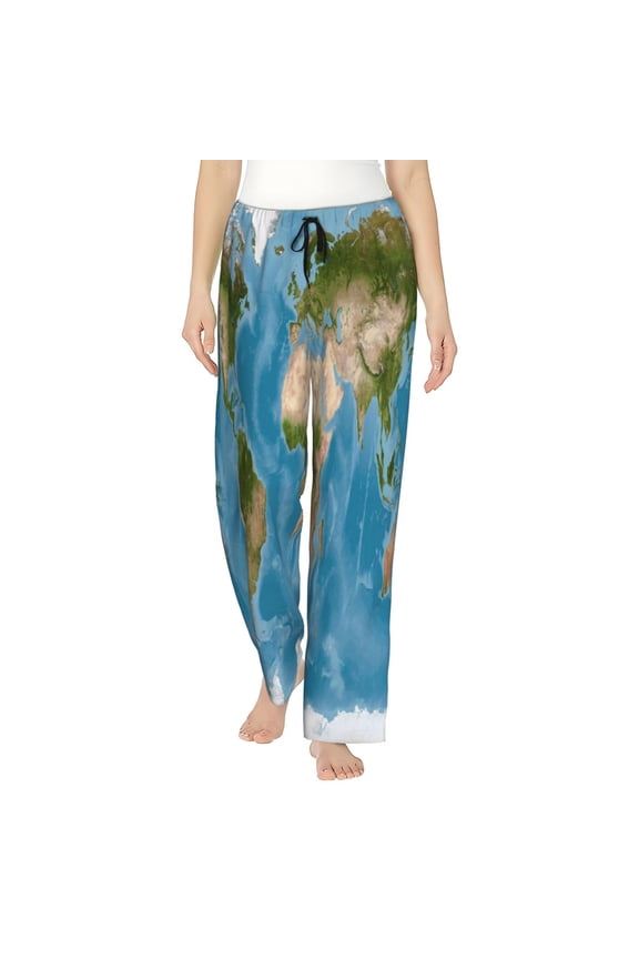 Earth View World Map Print Women’s Ultra-Soft Comfy Pajama Lounge Pants with Pockets & Drawstring