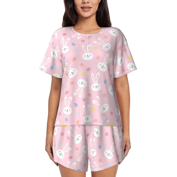 Naloa Easter Cute Rabbit Women's Short-Sleeved Pajama Set, Loungewear, Summer pajamas, Breathable Cozy - Large