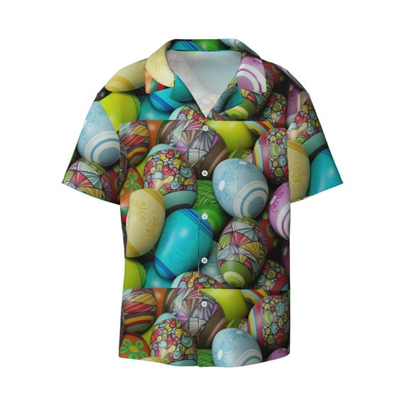 Naloa Easter Egg1 Men's Loose Fit Cuban Collar Short-Sleeve Shirt with Button-down and Chest Pocket for Everyday Wear Outings - 4X-Large