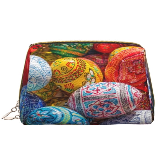 Naloa Easter Eggs Leather Makeup Bag for Purse Travel, Portable Small Cosmetic Organizer for Women and Girls, Make up Bag with Zipper