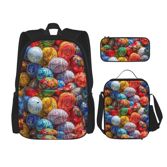 Naloa Easter Eggs Print Large Capacity Backpack Lunch Bag Pencil Case Combination 3 Piece Set for Student