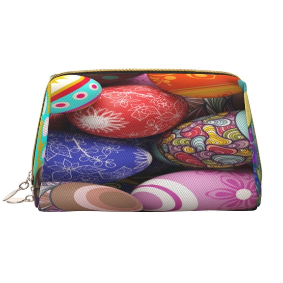 Naloa Easter Eggs1 Leather Makeup Bag for Purse Travel, Portable Small Cosmetic Organizer for Women and Girls, Make up Bag with Zipper
