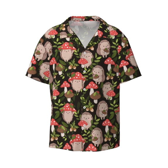 Naloa Edgehog and Mushrooms Men's Loose Fit Cuban Collar Short-Sleeve Shirt with Button-down and Chest Pocket for Everyday Wear Outings - XX-Large