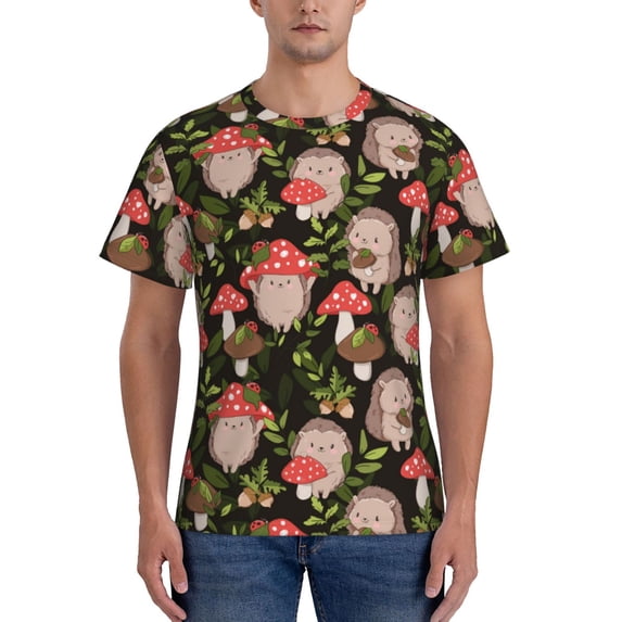 Naloa Edgehog and Mushrooms Men's T-Shirt Sport T-shirt Men's Basic Tee Casual Men's Shirt, Round Neck, Short Sleeves - X-Large