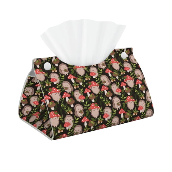Naloa Edgehog and Mushrooms Print Leather Tissue Box Cover Rectangle | Long Tissue Box Cover | Tissue Box Holder | Tissue Holder for Bathroom