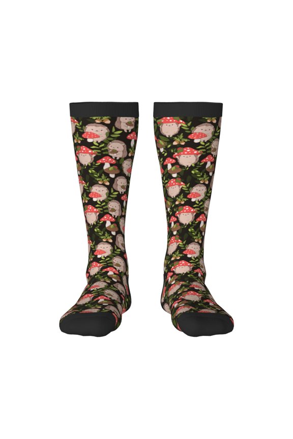 Edgehog and Mushrooms Thigh High Socks Extra Long Stretchy Sock Women Over Knee High Opaque Stocking Daily Wear