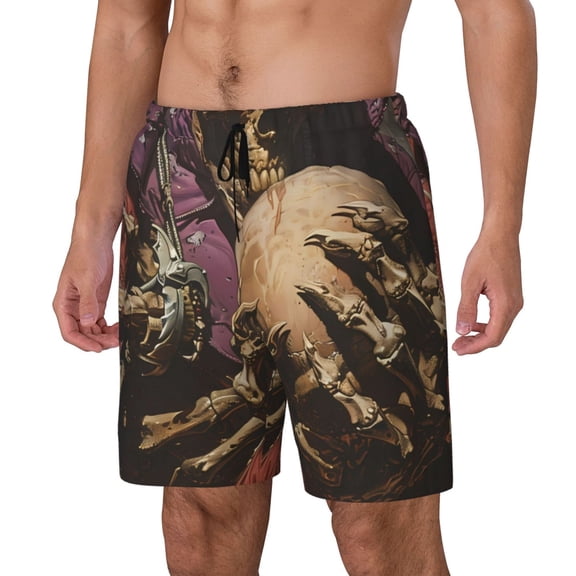 Naloa Eerie Skull Holding Another Print Men Swim Trunks with Compression Liner ,Board Shorts,Men's Swim Shorts with Drawstring and Elastic Waistband-Small
